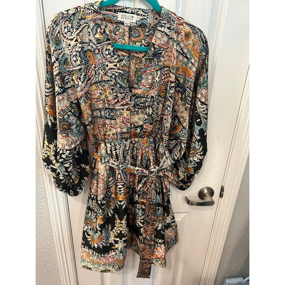 Molly Bracken Mini Dress Multicolor‎ Paisley Long Puff Sleeve Boho Belted V-Neck